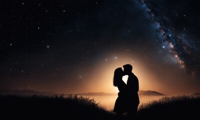 Night landscape with silhouettes of hugging and kissing man and woman with lake sea background. Colorful sky with stars. Silhouette of lovers. Couple, relationship. Milky way with people. Universe