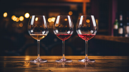 Wines assortment. Red, white, rose wine in wineglasses and bottles on gray background. Wine bar, shop, tasting concept