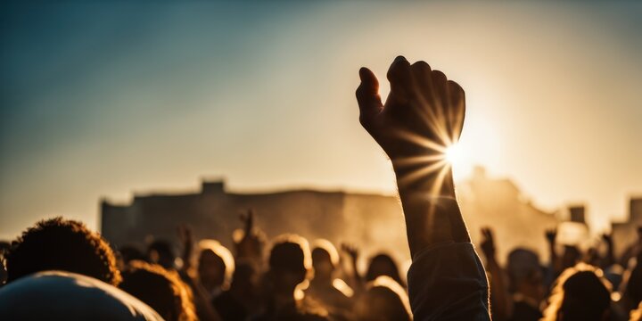 Clenched Fist In The Air. Male Hand Raises Clenched Fist Of Solidarity. Protester Holding Hand Up Over Dramatic Sky. Hand Rising Up, Arabian Or Middle East Background. Triumph Or Defiance, Against Sky