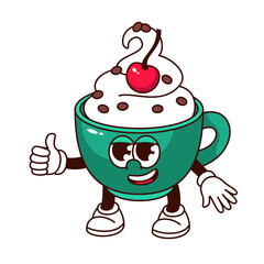 Groovy cup of coffee character vector illustration. Cartoon isolated retro winter sweet dessert sticker of green mug with coffee or chocolate, whipped cream and cherry, mascot with thumbs up gesture