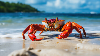 Funny red Big crab on the sandy beach