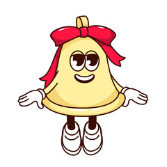 Groovy Christmas bell character vector illustration. Cartoon isolated retro Xmas sticker of cute golden bell with red ribbon bow and funny smile on face, winter decoration mascot with arms and legs