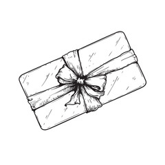 Gift box with ribbon and bow. Hand drawn sketch illustration. Top view close up drawing of gift box  isolated on white background.