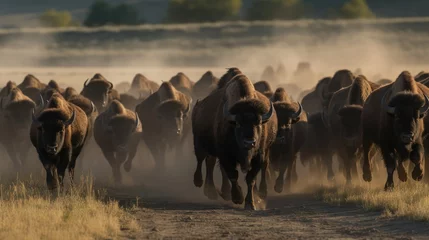 Schilderijen op glas Bison herd running in the morning sun. Wilderness. Wildlife Concept. © John Martin