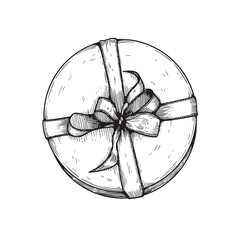 Gift box with ribbon and bow. Hand drawn sketch illustration. Top view close up drawing of round gift box  isolated on white background.