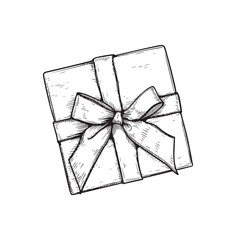 Gift box with ribbon and bow. Hand drawn sketch illustration. Top view close up drawing of gift box  isolated on white background.