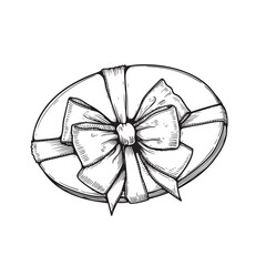 Gift box with ribbon and bow. Hand drawn sketch illustration. Top view close up drawing of oval gift box  isolated on white background.