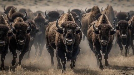 Bison herd walking in the steppe on a foggy day. Wilderness. Wildlife Concept. - obrazy, fototapety, plakaty