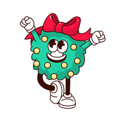 Groovy Christmas wreath character vector illustration. Cartoon isolated retro Xmas sticker of funny traditional Christmas decoration with red bow and gold garland greeting with winter holidays