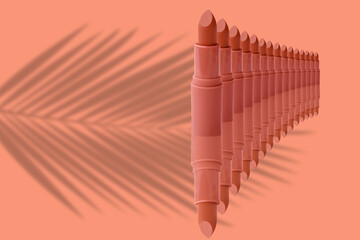 set of matte lipstick on background, peach fuzz, pink, coral color close-up, concept fashion Color trend palette, decorative cosmetics