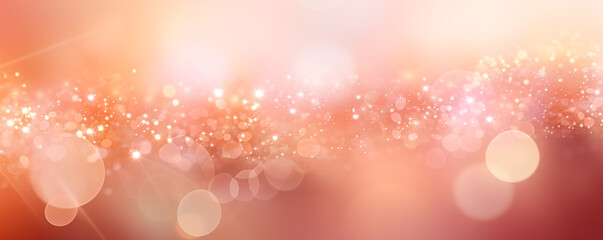Banner of bokeh abstract peach, pink and purple, golden bokeh sparkles lights. Blurred shiny, glowing festive wallpaper for party, holiday, birthday, invitation in trending peach fuzz color 2024.