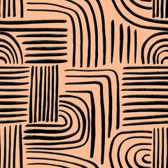 Abstract Organic Shapes Seamless Pattern. Pastel boho background in minimalist mid century style. Perfect seamless print for home decor. Pantone color Peach Fuzz