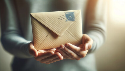 Human hands holding an envelope. The envelope appears as a special item. Ai generative.