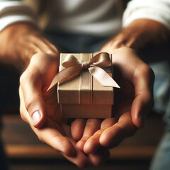 Man hand holding a small box tied with a ribbon bow. The box appears as a delicate gift or special item. Ai generative. - obrazy, fototapety, plakaty