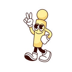 Groovy i letter character vector illustration. Cartoon isolated retro comic sticker, yellow letter of English alphabet and Hi word with peace and victory gesture, mascot with smile on happy face