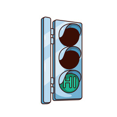 Groovy traffic light vector illustration. Cartoon isolated retro funny sticker of road semaphore with green light signal and Hi text inside, city street stoplight emoji of free way for transport