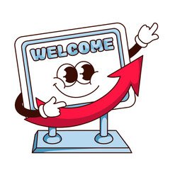 Groovy digital device character with arrow up vector illustration. Cartoon isolated retro sticker of curve red arrow growth on display with Welcome text, business success and information graph mascot