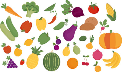 Set of fruits and vegetables on white background. Organic products. Vegetarianism. Illustrations for web sites, mobile apps, infographics, banners, printed materials.