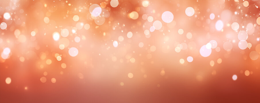 Banner of bokeh abstract peach, dust pink and orange, golden bokeh sparkles lights. Blurred shiny, glowing festive wallpaper for party, holiday, birthday, invitation in trending peach fuzz color 2024.