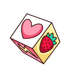 Groovy dice vector illustration. Cartoon isolated retro fun board game sticker, toy cube with pink heart, strawberry and lightning on sides, funny dice mascot of lucky chance, fortune and risk