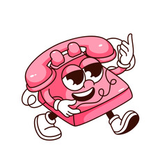 Groovy retro telephone character vector illustration. Cartoon isolated pink vintage phone walking, holding spiral cord, funky sticker of old technology mascot with happy smile on face, arms and legs