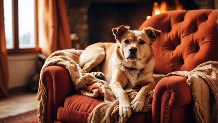 Poster A well-groomed dog is resting in an armchair. Warm atmosphere, fireplace, fire in the background. A bright warming blanket. The pet is a dog. Pleasant autumn tones. The concept of the heating season. © OneMoreTry