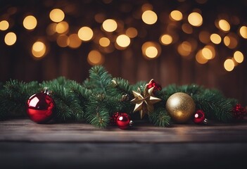 Christmas Fir Tree Decorated On Wooden Background