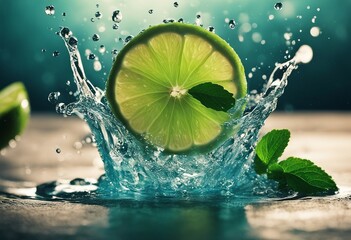 Water Splash With Mint Leaves And Slices Of Lime