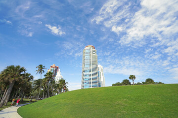 South Pointe Park in Miami South Beach with blue sky and view of skyline
