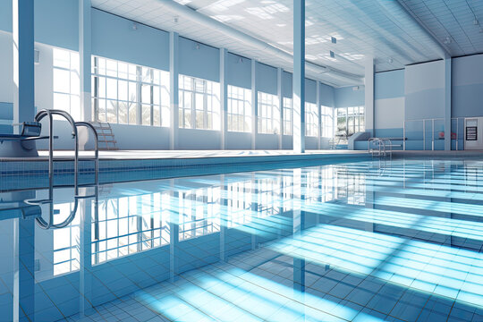 An image of an empty, indoor swimming pool with light makes the water transparent and beautiful