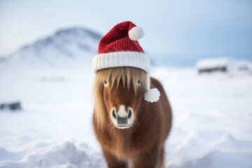 Funny horse dress in Christmas Santa hats standing on the snowy field in winter comeliness