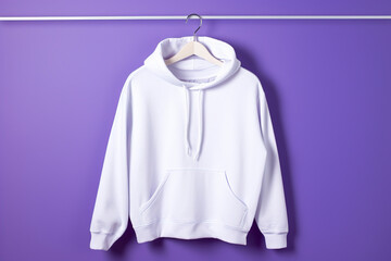 White hoodie hanging on purple wall. Clothing branding theme for mockup.