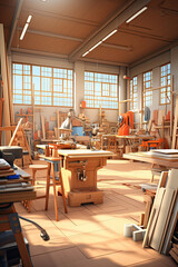An image of an empty furniture manufacturing workshop, with machinery and beautiful light entering inside - obrazy, fototapety, plakaty