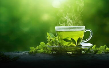 Fresh organic green herb  leaves tea - obrazy, fototapety, plakaty