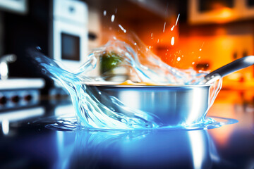 A frying pan with a splash of water under it stands in the kitchen. - obrazy, fototapety, plakaty