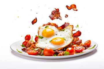 A plate with fried eggs and flying bacon, tomatoes and drops of butter circling around. Concept on the theme of a protein-rich breakfast.