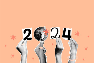 New year art collage banner with halftone hands holding disco ball and cut out numbers isolated on Peach Fuzz trendy background. Color of the year2024 . Modern retro vector illustration - obrazy, fototapety, plakaty