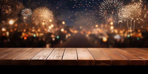 Empty wooden table in front of shiny celebration fireworks background, festive backdrops for new year, Xmas, party night event night, copy space. - obrazy, fototapety, plakaty