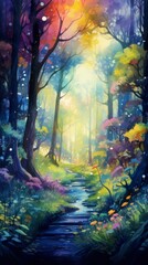 Mystical mysterious fairy tale forest, watercolor illustration