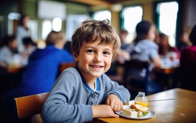 Young boy preschooler eating lunch sitting in the school cafeteria