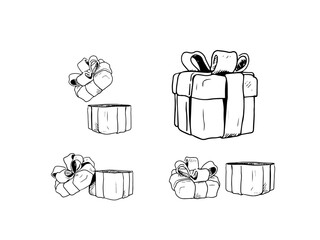 Gift boxes set hand draw. Line art.