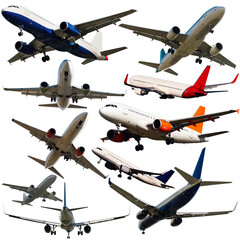 Collage of different modern airplanes on white background