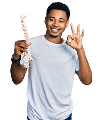 Young african american man holding anatomical model of spinal column doing ok sign with fingers,...