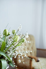Close up of beautiful white tulips flowers, with copy space, minimalistic colors,