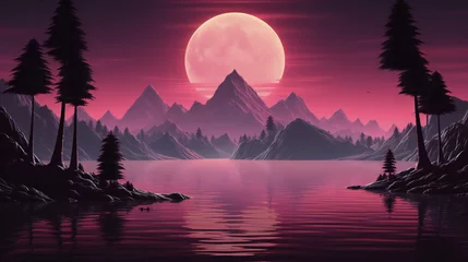 Crédence de cuisine en verre imprimé Violet landscape with mountain sun and lake