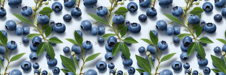Sprigs of beautiful large blueberries with green leaves and light flowers are laid out on a white background, seamless pattern. Berry food backgrounds and textures