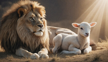 A lion and a baby lamb representing power, humility, majestic, big and small - obrazy, fototapety, plakaty