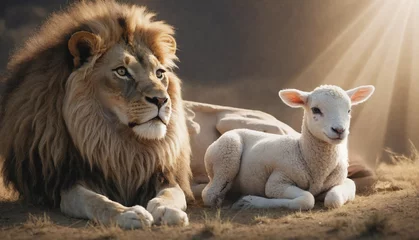 Fotobehang A lion and a baby lamb representing power, humility, majestic, big and small © RareStock
