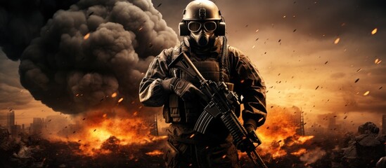 Naklejka premium Image of a soldier with a gun surviving apocalyptic warfare and bombs.