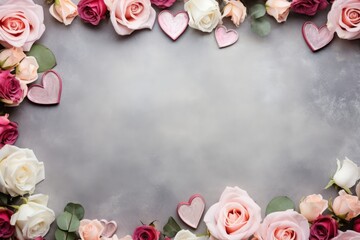 Top view pastel color hearts and roses on grey background, mother's, women's or Valentine's day concept.